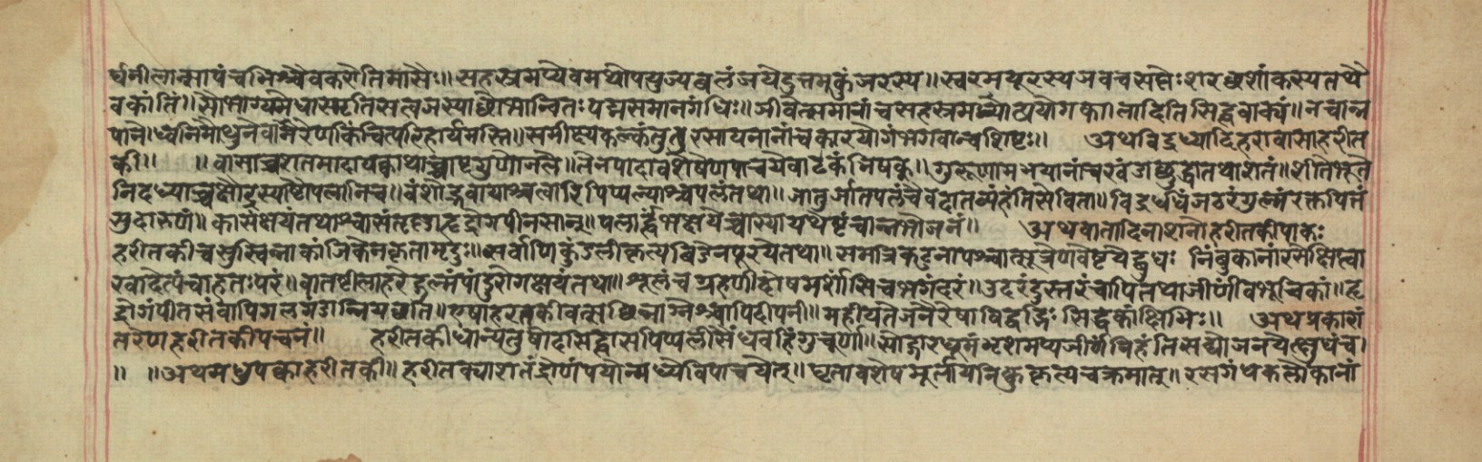 A manuscript page detailing Harītakī preparations from the Dhanvantari Saṃhitā.