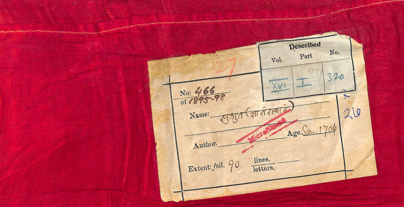 This page is a catalog entry for manuscript number 466 from the 1895-98 collection, containing the Sushruta Samhita specifically the Sharirasthana section on human anatomy and embryology. The manuscript was created in Samvat 1704 and comprises 90 folios. This is a microfilmed copy of the foundational Ayurvedic surgical text attributed to Sushruta, covering topics of body structure, fetal development, and anatomical knowledge essential to traditional Indian medicine.