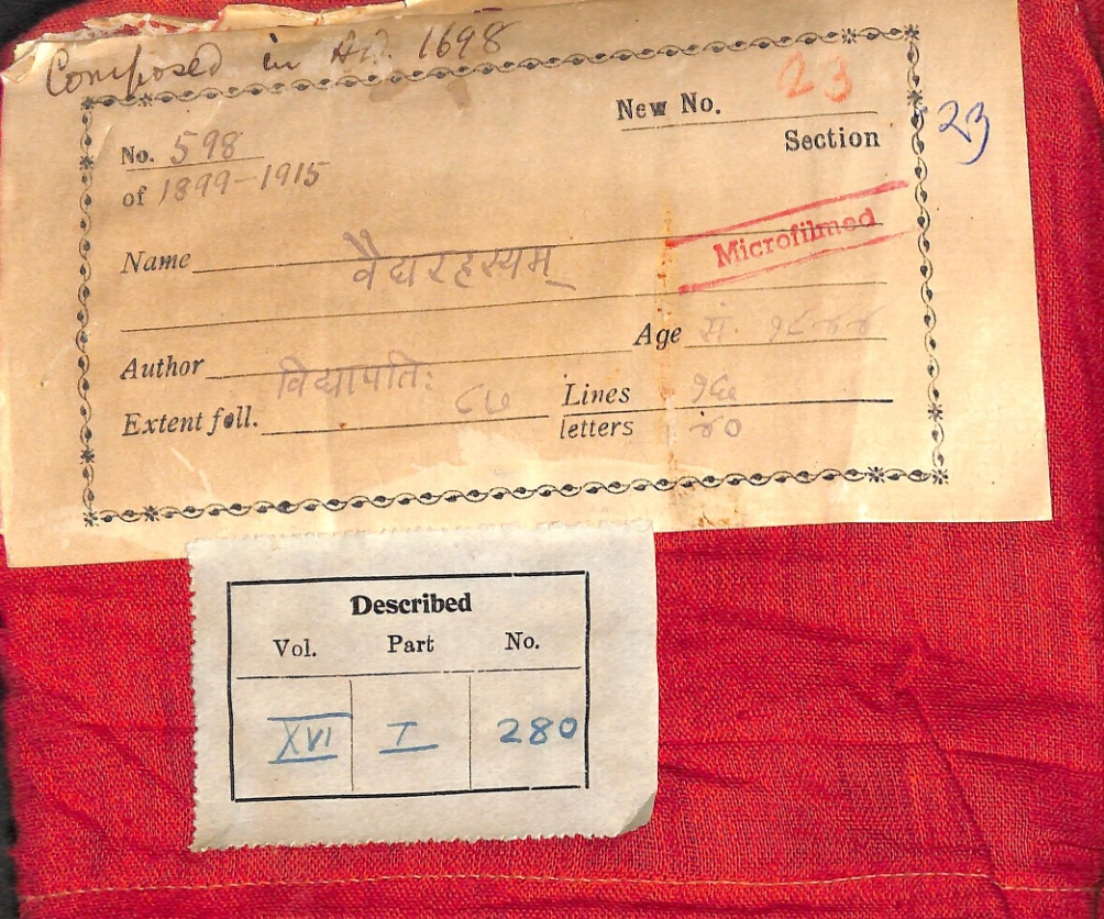 This page contains the catalog card for the Vaidyarahasyam (The Secret of Medicine), an Ayurvedic medical manuscript composed in A.D. 1698 by the author Vidyapati. The manuscript, written in Samvat 1755, consists of 87 folios with 16 lines and 40 letters per line. It is cataloged as collection number 598 of 1899-1915 and described in volume XVI, part I, number 280 of the published catalog. The manuscript has been microfilmed and assigned new number 23.