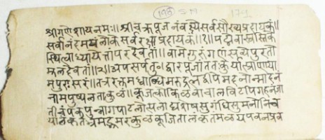 This manuscript page contains invocations to Guru, Rudra, the nine Durgas, and Savitri, along with references to solar power, sacred bathing places, and the serpent. It mentions Supradarshana, speech, wind, flame, and includes astrological references to Cancer. The text describes a lamp pot, serpent vessel, and contains imagery related to Lanka, Tamala, and death.