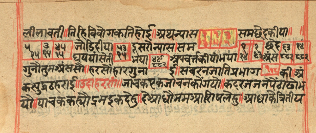 Page of the Bhāṣālīlāvatī with fraction problems and a story problem